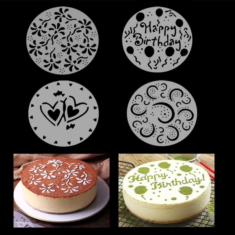 iSuperb 4 Pieces Cake Top Stencils Cookie/Cake Decorating Painting Templates Baking Tool for Cupcake Wedding Cake Fondant Impression, Wedding Birthday Party Cake Decoration Supplies - Image 1